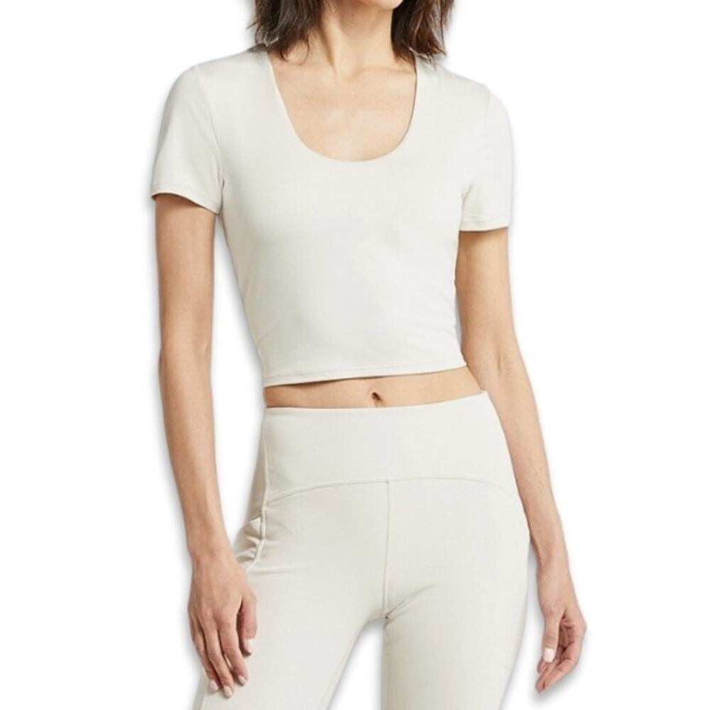 Zella Crop Top Scoop Neckline Built-In Padded Bra Short Sleeves Beige W M NWOT